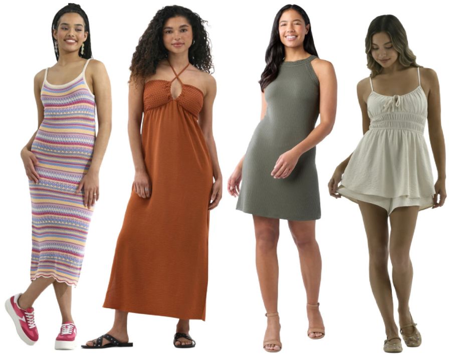 4 women wearing dresses on a white background