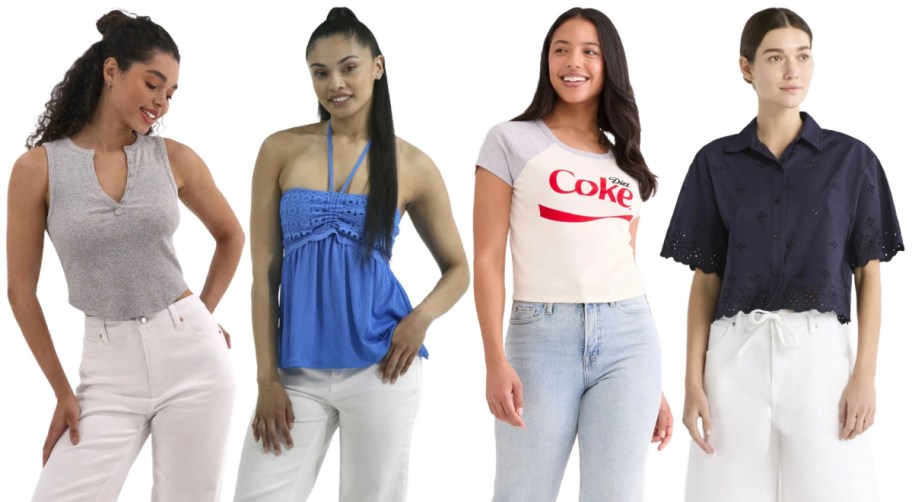 4 women from the knees up on a white background