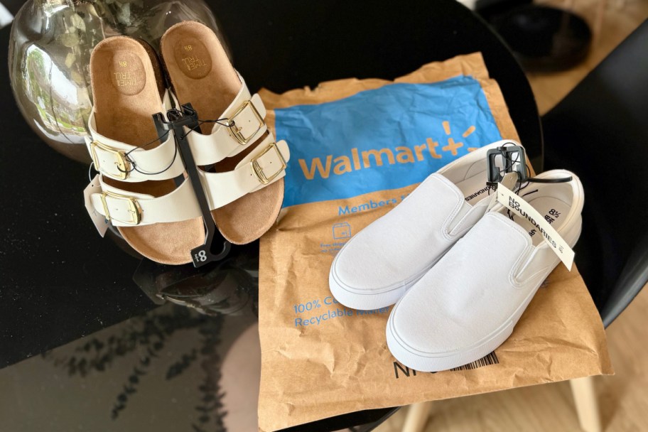 white slip on sneakers and white footbed sandals on walmart envelope