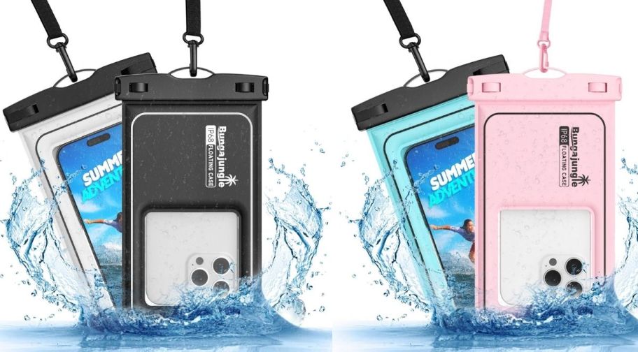 2 sets of water proof phone cases with lanyards in white and black or blue and pink