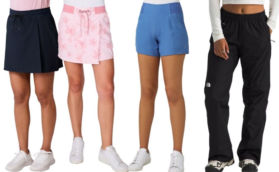 two women in skorts, one woman in light blue shorts and a woman in a pair of black cargo pants