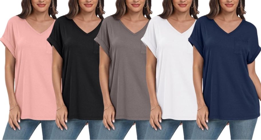 five women wearing v neck pocket tees in pink, black coffee gray, white and navy blue