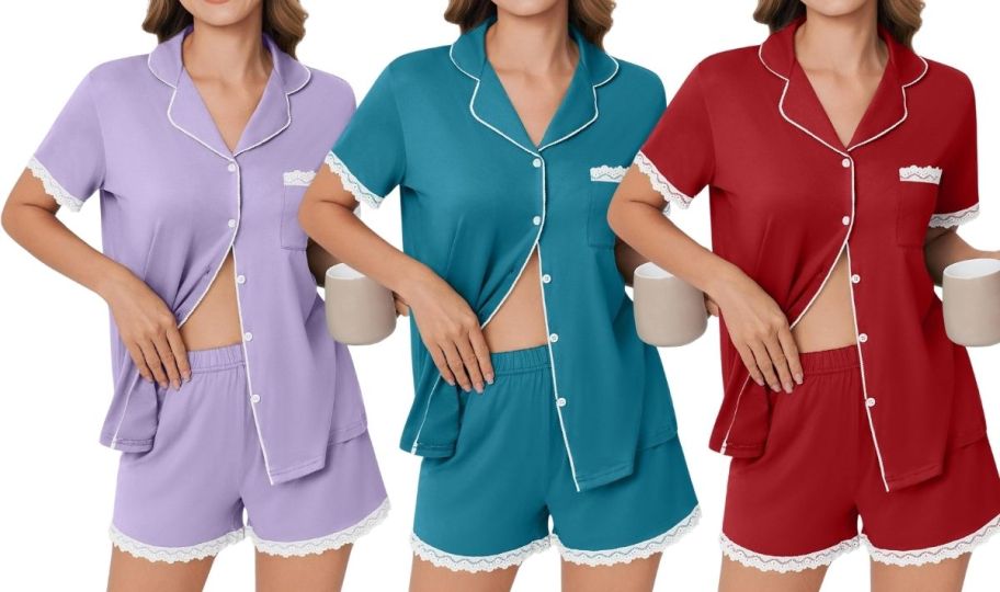 3 models wearing a short sleeve pajama set in 3 different colors