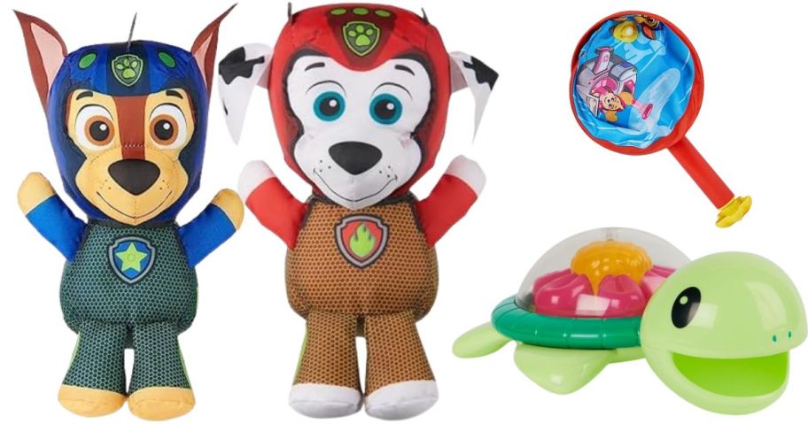 paw patrol huggables, shield blaster, and water wheel turtle