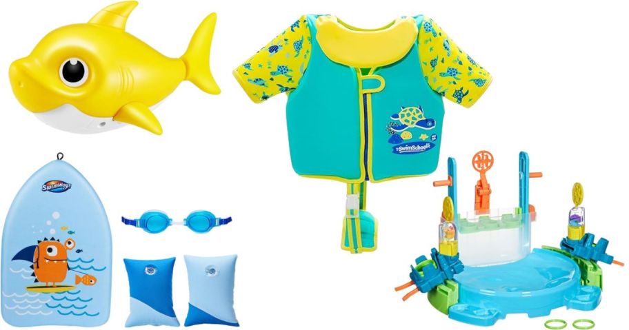 yellow baby shark toy, life jacket, swimming set, and water toy