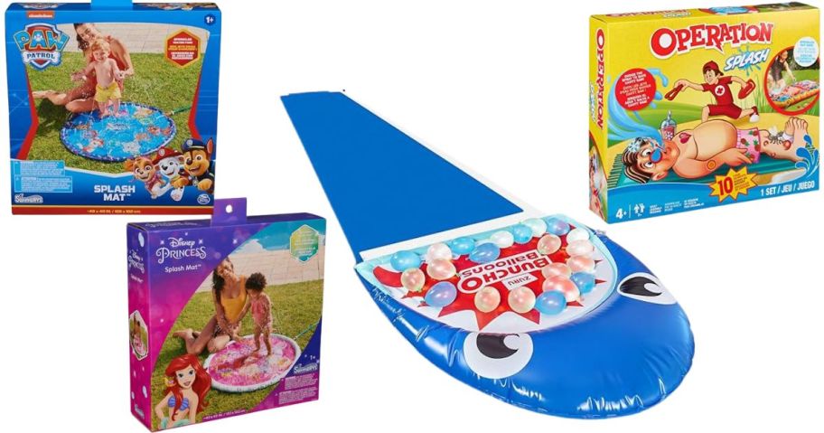 paw patrol and disney princess ariel splash mat boxes, operation splash game, and shark slide