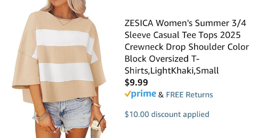 woman wearing striped shirt next to Amazon pricing information
