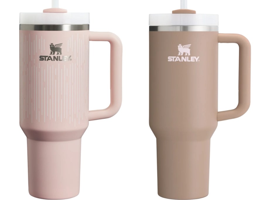 a light pink and an almond tan Stanley tumbler
