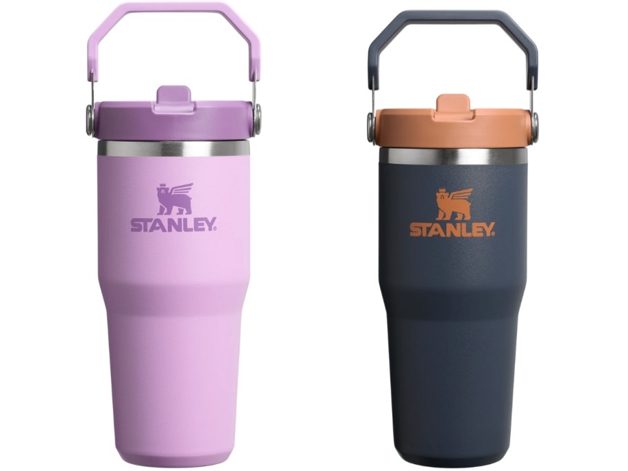 2 Stanley tumblers with top handles in lilac and dark navy with orange