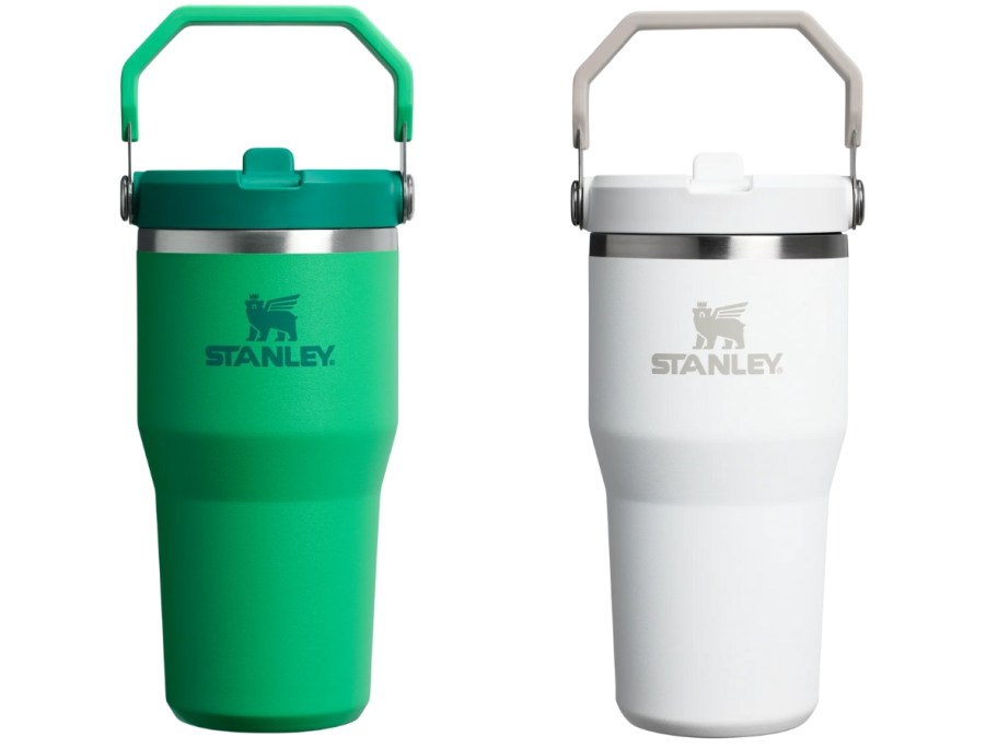 2 Stanley tumblers with top handles in green and white