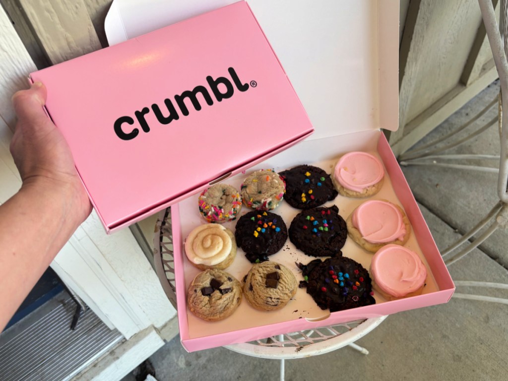Pink box filled with 12 different crumble mini cookies