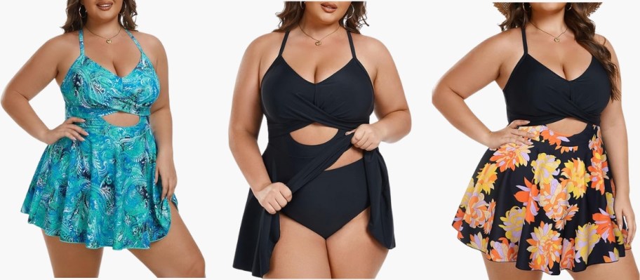 3 plus sized women wearing different color swimsuits