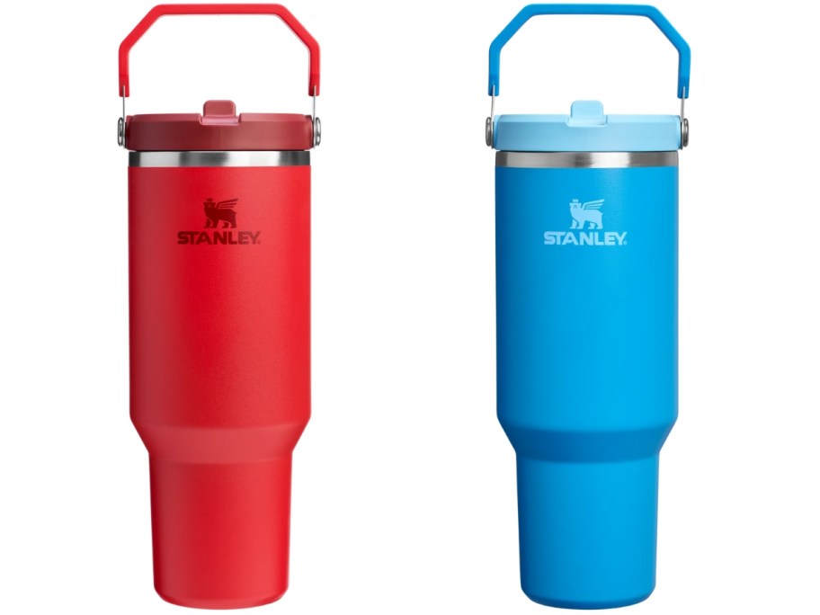 2 Stanley tumblers with top handles in red and bright blue