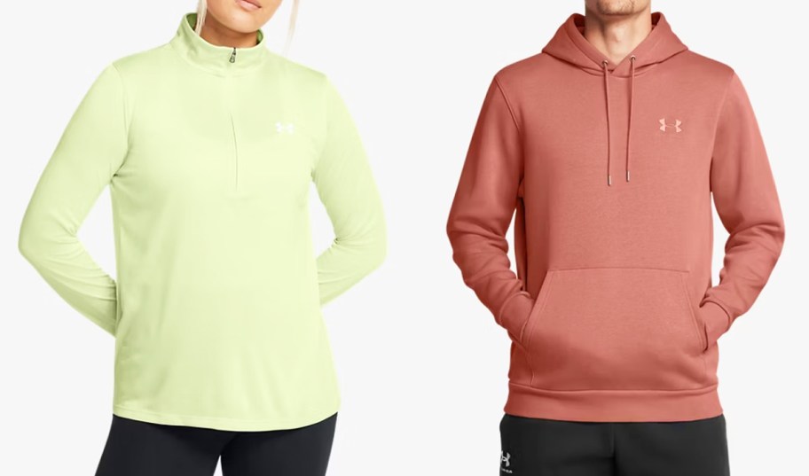 woman in light green half-zip and man in light orange hoodie