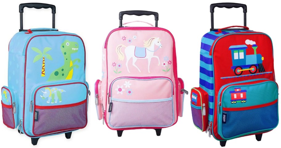 stock images of wildkin rolling suitcases with dinosaur, horse, and train