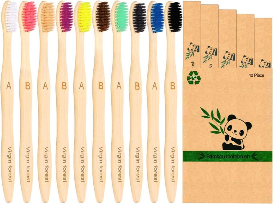 bamboo toothbrush 10 pack with boxes next to them