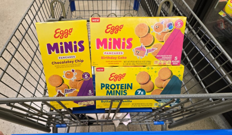 three boxes of mini pancakes in shopping cart
