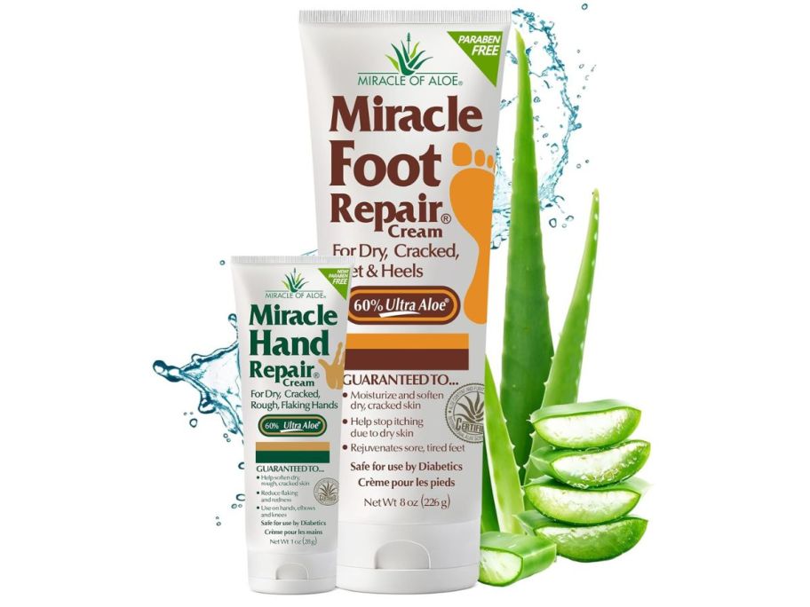 a miracle foot repair cream tube and a miracle hand repair cream next to pieces of aloe