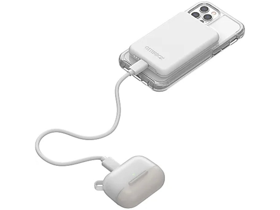 powerbank on phone with charging cable charging airpods 