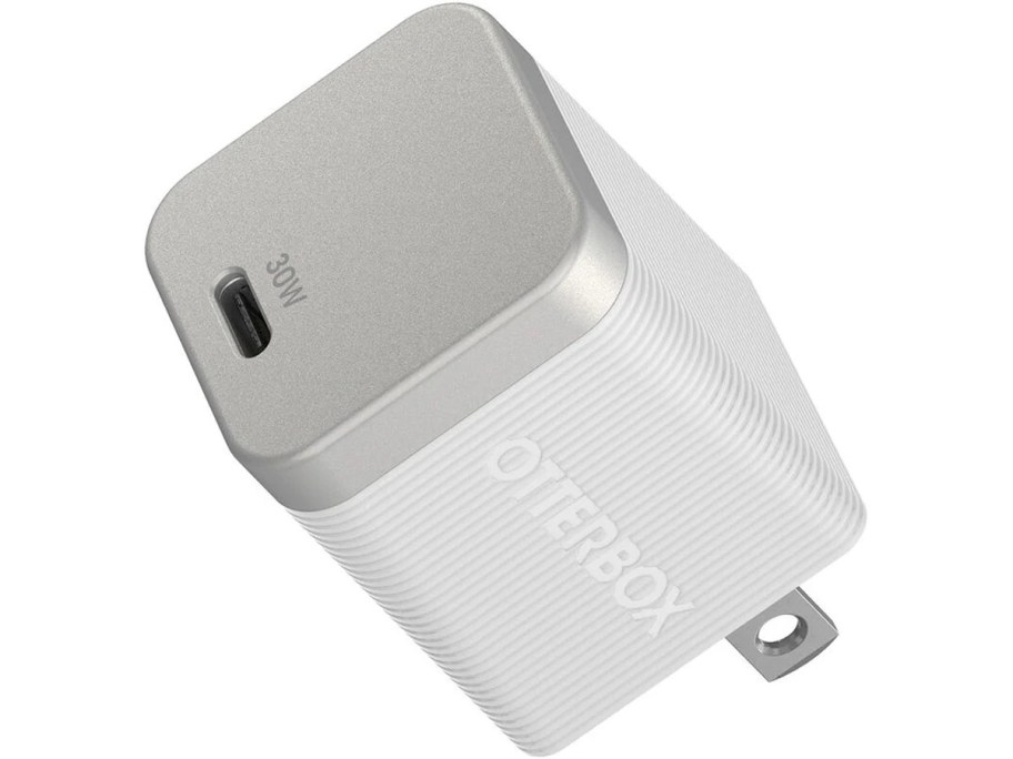 white and silver otterbox wall charger 