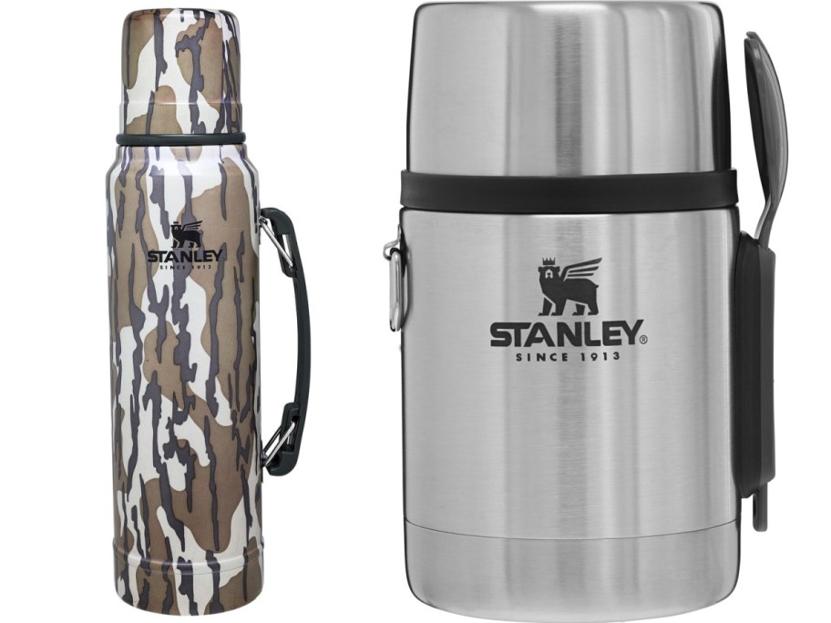 stanley water bottle in bottom land and drinking thermos in stainless steel