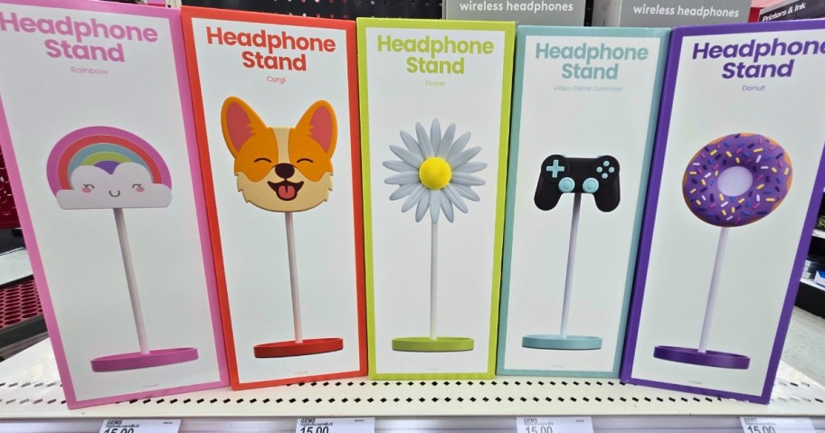 boxes of novelty headphone stands on a store shelf